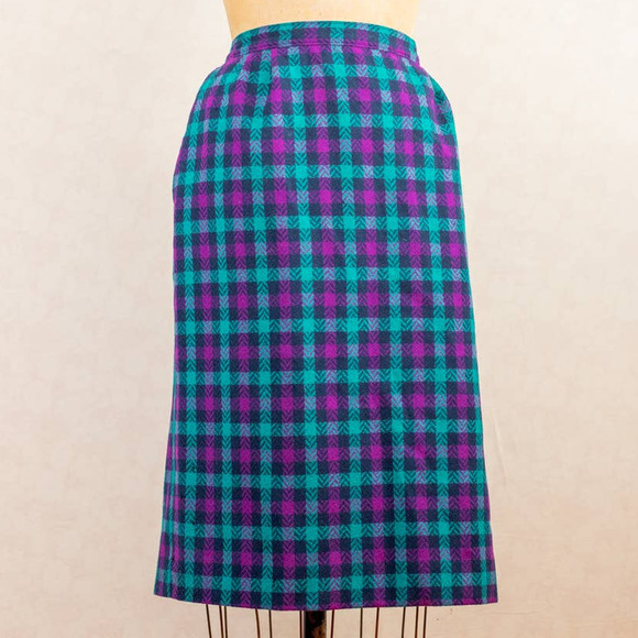 Vintage 80s Tartan Plaid Pendleton Pencil Wiggle Skirt, Purple Teal Black, Sz 16 - Picture 3 of 10